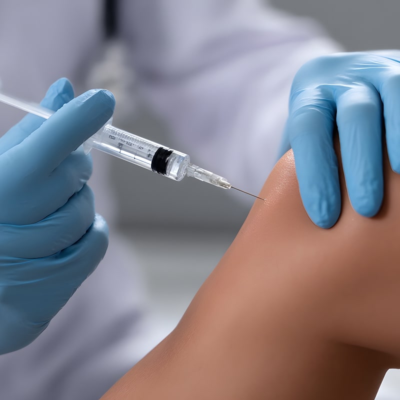 Gros plan sur une injection dans le genou d'un patient par un professionnel portant des gants bleus et tenant une seringue.