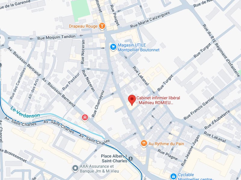 Carte de Montpellier avec le cabinet infirmier libéral Mathieu ROMIEU près de l'Av. Saint-Charles, près de Rue Lakanal et Rue Turgot.