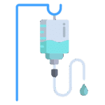 Illustration d'une perfusion intraveineuse (IV) avec un sac de liquide bleu-vert suspendu à un poteau, laissant goutter une goutte.