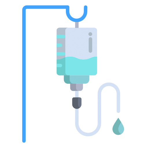 Illustration d'une perfusion intraveineuse (IV) avec un sac de liquide bleu-vert suspendu à un poteau, laissant goutter une goutte.