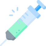 Seringue inclinée avec liquide vert menthe, présence de bulles d'air et d'un symbole d'éclat suggérant l'action ou la nouveauté.