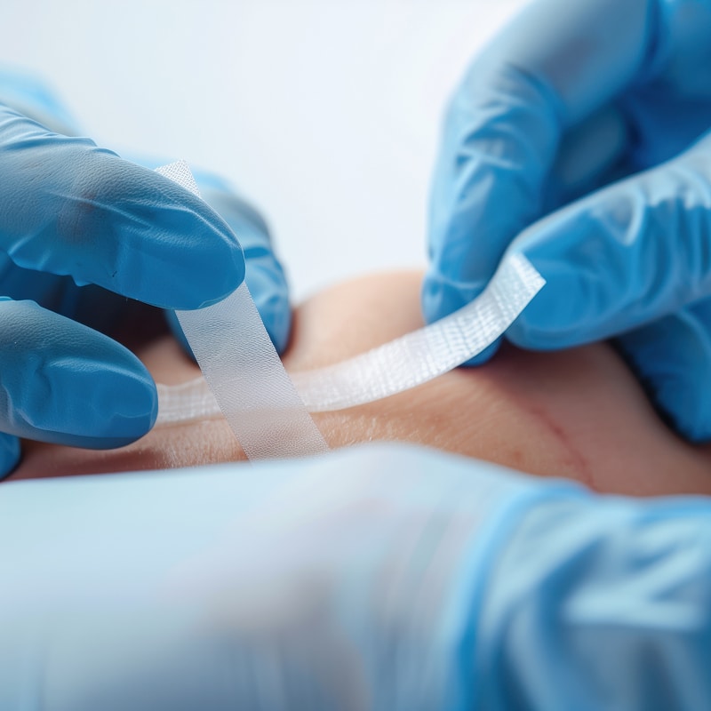 Mains gantées de bleu appliquant un stéri-strip ou bandage adhésif sur une incision ou une plaie suturée sur la peau.